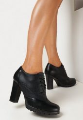 Czarne Półbuty na Słupku ze Sznurowaniem Chamis. Czarne półbuty wsuwane Born2be, bez wzorów, z jeansu, eleganckie, bez obcasa, na słupku. Za 139.99 zł.