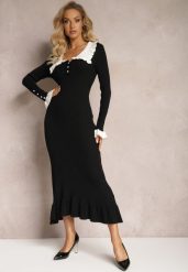 Czarna Sweterkowa Sukienka Midi z Wywiniętym Kołnierzem i Falbankami Totfara. Czarne sukienki Renee, m, bez wzorów, eleganckie, bez kołnierzyka, bez ramiączek, midi. W wyprzedaży za 101.49 zł.