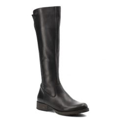 Czarne Kozaki Rieker Modne Obuwie Damskie. Czarne kozaki Rieker, na zimę, bez wzorów, ze skóry, eleganckie, przed kolano, bez obcasa, bez zapięcia. Za 429.00 zł.