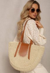 Jasnobeżowa Jednokomorowa Torebka z Plecionej Rafii w Stylu Boho Idarkia. Brązowe torebki klasyczne Renee, bez wzorów, boho, bez dodatków. W wyprzedaży za 83.99 zł.