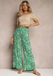 Zielone Bawełniane Spodnie Boho w Stylu Palazzo z Gumką w Pasie i Wysokim Stanem Pravia. Zielone jeansy Renee, na lato, l, bez wzorów, z bawełny, boho, z podwyższonym stanem. W wyprzedaży za 29.99 zł.