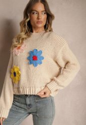 Beżowy Sweter z Wiskozą i Kwiatowym Motywem Labrienna. Brązowe swetry Renee, l, z aplikacjami, z wiskozy, casualowe, bez ramiączek. W wyprzedaży za 87.99 zł.