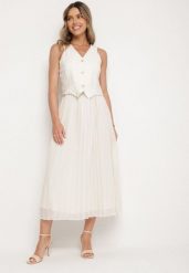 Jasnobeżowa Plisowana Sukienka z Wiskozy z Wszytą Kamizelką Silanda. Brązowe sukienki Born2be, l, bez wzorów, z wiskozy, eleganckie, bez kołnierzyka, bez ramiączek, maxi. W wyprzedaży za 169.99 zł.
