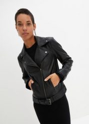 Kurtka biker. Czarne kurtki bonprix, bez wzorów, ze skóry, bez kaptura. Za 269.99 zł.