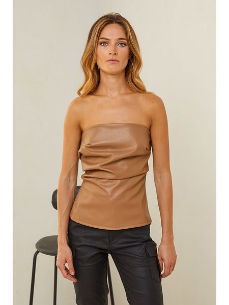 Plume Top "Frans" w kolorze karmelowym rozmiar: M. Brązowe topy Plume, m, bez wzorów, ze skóry, bez kołnierzyka, bez ramiączek. Za 88.02 zł.