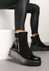 Czarne Botki na Koturnie z Lakierowanymi Wstawkami i Ozdobnym Suwakiem Lannovia. Czarne botki Renee, bez wzorów, z jeansu, biznesowe, bez obcasa, na koturnie, bez zapięcia. Za 139.99 zł.