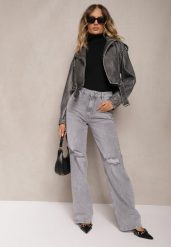 Szare Jeansy z Bawełny High Waist z Szerokimi Nogawkami i Dziurami Naviseo. Szare jeansy Renee, l, bez wzorów, z bawełny, eleganckie, z podwyższonym stanem. W wyprzedaży za 83.99 zł.