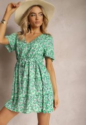 Zielona Wiskozowa Sukienka ze Sznureczkiem w Talii z Krótkimi Rękawami i Mozaikowym Printem Travei. Zielone sukienki Renee, na co dzień, l, bez wzorów, z materiału, eleganckie, bez kołnierzyka, bez ramiączek, mini, proste. W wyprzedaży za 39.99 zł.