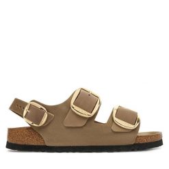 Sandały Birkenstock. Brązowe sandały Birkenstock, bez wzorów, bez obcasa, na płaskiej podeszwie, bez zapięcia. Za 719.99 zł.