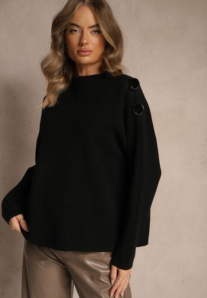 Czarny Sweter z Metalicznymi Guzikami na Ramieniu Ederlia. Czarne swetry Renee, bez wzorów, biznesowe, bez ramiączek. Za 109.99 zł.