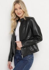 Czarna Kurtka Ramoneska Ekoskóry z Kieszeniami na Suwaki Leobia. Czarne kurtki Born2be, m, bez wzorów, z jeansu, eleganckie, bez kaptura. W wyprzedaży za 118.99 zł.