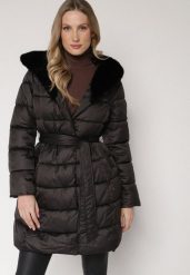 Czarna Długa Kurtka Ozdobiona Pikowaniem z Nieodpinanym Kapturem i Paskiem Lidaveia. Czarne kurtki Born2be, l, bez wzorów, z jeansu, eleganckie. Za 359.99 zł.