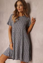 Granatowa Sukienka Mini z Krótkimi Rękawami i Wzorem w Kwiaty Cassatha. Niebieskie sukienki Renee, l, bez wzorów, bez kołnierzyka, bez ramiączek, mini, rozkloszowane. W wyprzedaży za 47.99 zł.