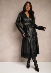 Czarna Rozkloszowana Spódnica Plisowana z Wiskozą z Imitacji Skóry Ozdobiona Koronką Etanielith. Czarne spódnice Renee, na co dzień, bez wzorów, z koronki, eleganckie, midi, rozkloszowane. W wyprzedaży za 119.99 zł.