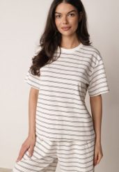 Biało-Czarny Bawełniany T-shirt w Poziome Paski Rive. Czarne t-shirty Born2be, l, bez wzorów, z bawełny, klasyczne, bez kołnierzyka, bez ramiączek. Za 59.99 zł.