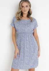 Niebieska Wiskozowa Rozkloszowana Sukienka z Gumką w Talii w Kwiaty Heidene. Niebieskie sukienki Born2be, l, bez wzorów, z wiskozy, bez kołnierzyka, bez ramiączek, mini, rozkloszowane. Za 69.99 zł.