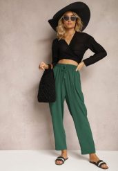 Zielone Spodnie o Luźnym Fasonie ze Sznurkiem i Gumką w Talii Enivea. Zielone jeansy Renee, bez wzorów, z jeansu, eleganckie. W wyprzedaży za 31.99 zł.