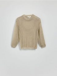 Ażurowy sweter - złoty. Żółte swetry Reserved, l, w ażurowe wzory, z dzianiny, bez ramiączek. W wyprzedaży za 119.99 zł.