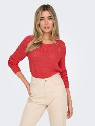 ONLY Sweter w kolorze czerwonym rozmiar: L. Czerwone swetry ONLY, l, bez wzorów, ze splotem, bez ramiączek. Za 70.41 zł.