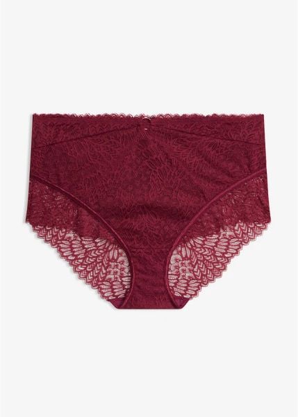 Figi z wysokim stanem z delikatnej koronki. Fioletowe figi bonprix, bez wzorów, z koronki, z podwyższonym stanem. Za 49.99 zł.