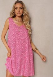 Różowa Casualowa Bawełniana Sukienka Ozdobiona przy Dekolcie Guzikami Kiofara. Czerwone sukienki Renee, na co dzień, l, bez wzorów, z bawełny, eleganckie, bez kołnierzyka, bez ramiączek, mini, rozkloszowane. W wyprzedaży za 31.49 zł.