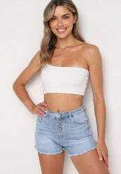 Niebieskie Jeansowe Szorty z Wysokim Stanem i Ozdobnymi Guzikami Jeviana. Niebieskie szorty Born2be, bez wzorów, z denimu, eleganckie. Za 99.99 zł.