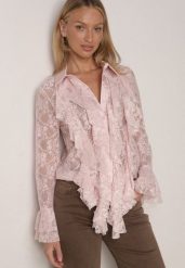 Różowa Koszula Koronkowa z Wiskozy z Bawełną Ozdobiona Falbanami Hermerine. Czerwone koszule Born2be, m, bez wzorów, z bawełny, eleganckie, bez kołnierzyka, bez ramiączek. Za 139.99 zł.