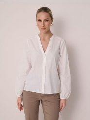 Żakardowa koszula z bufiastym rękawem - kremowy. Białe koszule Sinsay, l, bez wzorów, z żakardem, bez kołnierzyka, bez ramiączek. Za 39.99 zł.