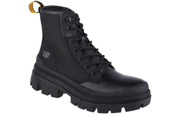 Trapery unisex, Caterpillar Hardwear Hi Boot. Czarne traperki Caterpillar, bez wzorów, z materiału, sportowe, bez obcasa, bez zapięcia. Za 499.99 zł.