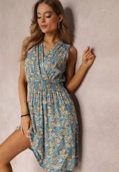 Jasnoniebieska Kwiecista Sukienka Midi z Wiskozy Bez Rękawów z Gumkami w Talii Sarunna. Niebieskie sukienki Renee, na co dzień, l, z aplikacjami, z wiskozy, bez kołnierzyka, bez ramiączek, midi. Za 59.99 zł.