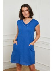 Curvy Lady Lniana sukienka w kolorze niebieskim rozmiar: 48/50. Niebieskie sukienki Curvy Lady, na co dzień, bez wzorów, ze lnu, klasyczne, bez kołnierzyka, bez ramiączek, mini, proste. Za 132.45 zł.