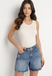 Jasnobeżowy Top Bawełniany z Prążkowane Dzianiny Efrima. Brązowe topy Born2be, l, bez wzorów, z bawełny, eleganckie, bez kołnierzyka, bez ramiączek. W wyprzedaży za 55.24 zł.