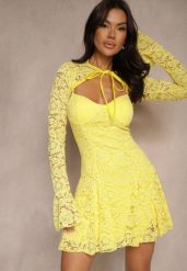 Żółta Koktajlowa Koronkowa Sukienka o Rozkloszowanym Kroju Nelfedi. Żółte sukienki Renee, m, bez wzorów, z koronki, eleganckie, bez kołnierzyka, bez ramiączek, mini, rozkloszowane. W wyprzedaży za 151.99 zł.