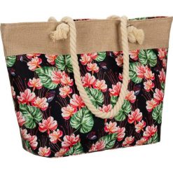 Torba plażowa print czarna w kwiaty 2019-01. Czarne torebki klasyczne z aplikacjami, z materiału, z nadrukiem, bez dodatków. Za 39.99 zł.