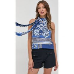 Morgan bluzka. Niebieskie bluzki Morgan, bez wzorów, z tkaniny, bez kołnierzyka, bez ramiączek. Za 239.99 zł.