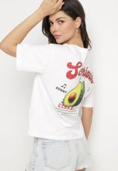 Biały T-shirt z Bawełną i Motywem Awokado Addixa. Białe t-shirty Born2be, m, bez wzorów, z bawełny, klasyczne, bez kołnierzyka, bez ramiączek. W wyprzedaży za 72.24 zł.