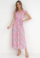 Różowa Sukienka z Paskiem Myranie. Czerwone sukienki Born2be, s, bez wzorów, z materiału, bez kołnierzyka, bez ramiączek, maxi, kopertowe. Za 179.99 zł.
