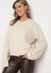 Beżowy Casualowy Kardigan o Klasycznym Kroju Riathiel. Brązowe swetry Born2be, uniwersalny, bez wzorów, z jeansu, eleganckie, bez ramiączek. W wyprzedaży za 161.49 zł.