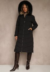 Czarna Pikowana Kurtka o Długim Kroju z Kapturem z Futrem Galianesa. Czarne kurtki Renee, l, z aplikacjami, z dzianiny, eleganckie, z kapturem. Za 319.99 zł.