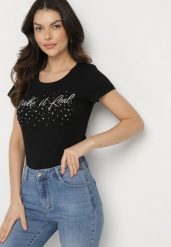Czarny Bawełniane T-shirt z Cyrkoniami i Napisem Readia. Czarne t-shirty Born2be, l, bez wzorów, z bawełny, klasyczne, bez kołnierzyka, bez ramiączek. Za 49.99 zł.