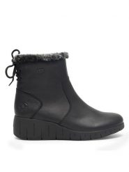 Rieker Botki Y1350-00 Czarny. Czarne botki Rieker, bez wzorów, ze skóry, bez obcasa, na koturnie, bez zapięcia. Za 263.99 zł.