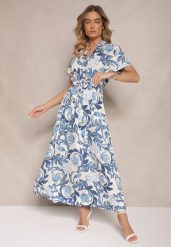 Niebieska Koszulowa Sukienka z Wiskozy w Kwiatowy Wzór Ozdobiona Paskiem Sanilania. Niebieskie sukienki Renee, na co dzień, l, bez wzorów, z wiskozy, eleganckie, bez kołnierzyka, bez ramiączek, maxi, koszulowe. W wyprzedaży za 69.99 zł.