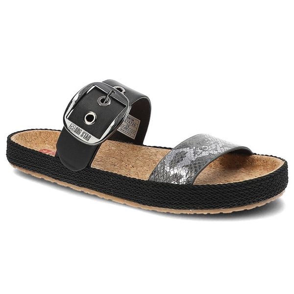 Klapki damskie Big Star, materiał syntetyczny z regulowanym paskiem zapinanym na klamrę profilowaną wkładką, czarne wężowe, JJ274726. Czarne klapki BIG STAR, bez wzorów, z materiału, retro, bez obcasa, bez zapięcia. Za 109.00 zł.