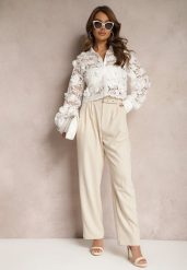 Beżowe Spodnie High Waist w Stylu Garniturowym z Paskami i Klamerkami Daklena. Brązowe jeansy Renee, l, bez wzorów, z jeansu, eleganckie, z podwyższonym stanem. W wyprzedaży za 89.99 zł.