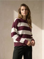 Sweter w paski z bufiastymi rękawami z wiskozy - fioletowy. Fioletowe swetry Sinsay, l, bez wzorów, z wiskozy, bez ramiączek. Za 49.99 zł.