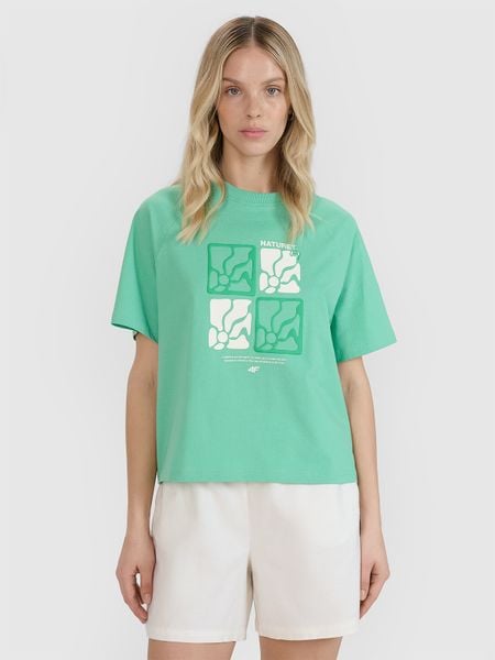 4F T-shirt oversize z nadrukiem damski - zielony XS. Zielone t-shirty sportowe 4f, s, bez wzorów, z bawełny, bez ramiączek. W wyprzedaży za 39.99 zł.