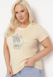 Beżowy Bawełniany T-shirt z Ozdobnym Nadrukiem Littana. Brązowe t-shirty Born2be, l, bez wzorów, z bawełny, klasyczne, bez kołnierzyka, bez ramiączek. Za 59.99 zł.
