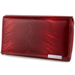 Skórzany Portfel Damski Poziomy Lakierowany Elegancki Duży Czerwony W Piórka 827. Czerwone portfele bez wzorów, z lakierowanej skóry. Za 97.99 zł.
