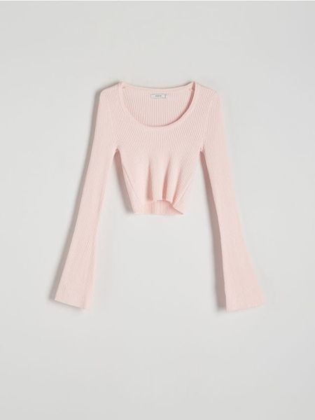 Bluzka z wiskozą - pastelowy róż. Czerwone bluzki Reserved, l, bez wzorów, z dzianiny, bez kołnierzyka, bez ramiączek. W wyprzedaży za 35.99 zł.