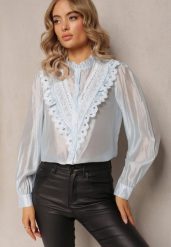 Niebieska Koszula na Guziki z Ozdobną Koronką Raneem. Niebieskie koszule Renee, m, bez wzorów, z koronki, bez kołnierzyka, bez ramiączek. W wyprzedaży za 107.99 zł.